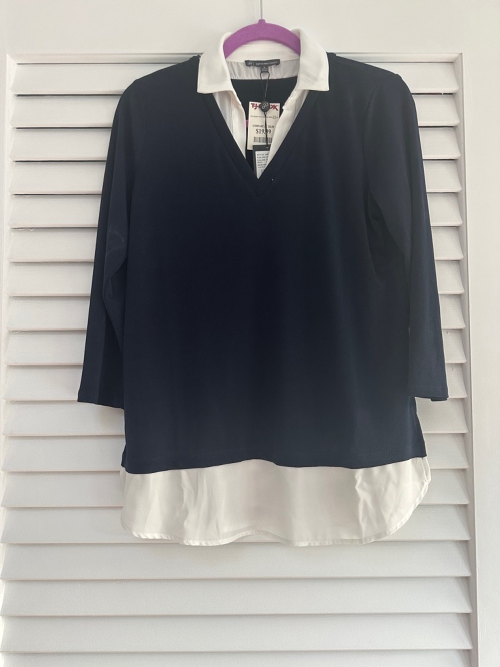 Adrianna Papell Navy Tunic with White Polo Collar and Shirttail Hem